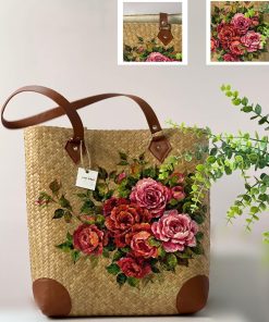 Handgefertigte Strohtasche Mit Direkt Aufgemalten Blumenmotiven