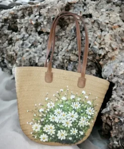 Handgewebte Seegras-Handtasche – Weißes Gänseblümchen-Motiv